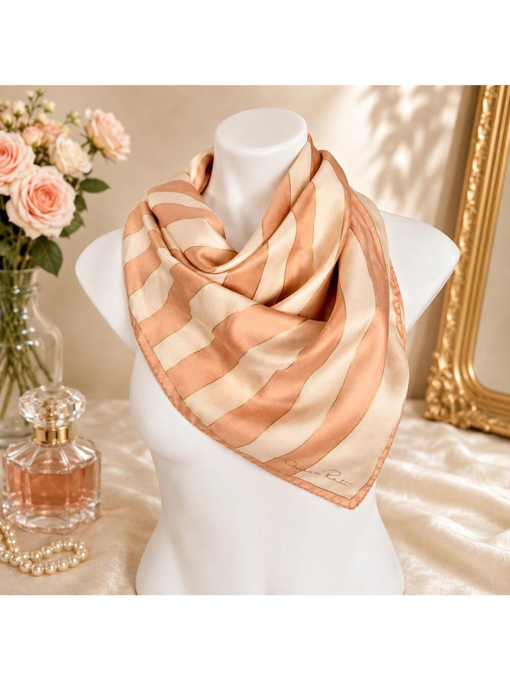 Vintage 1970s Oscar de la Renta Silk Square 34x34 Scarf Blush Ivory Stripe Japan